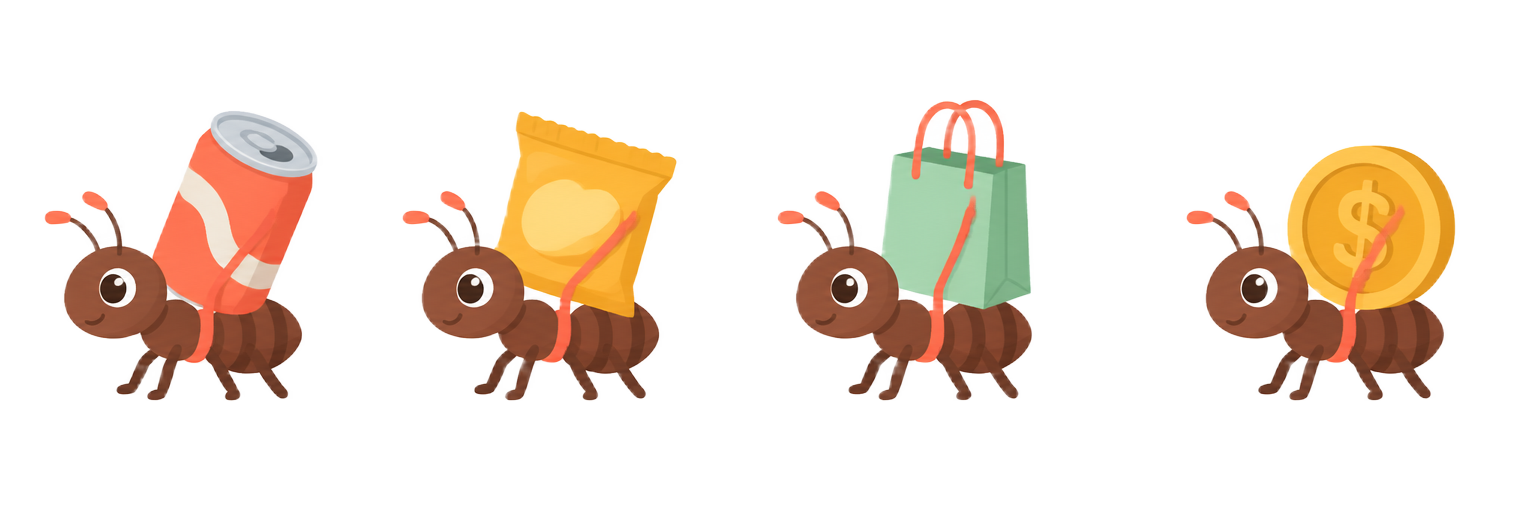 Cartoon ants carrying a soda can, a snack bag, a shopping bag and a dollar coin