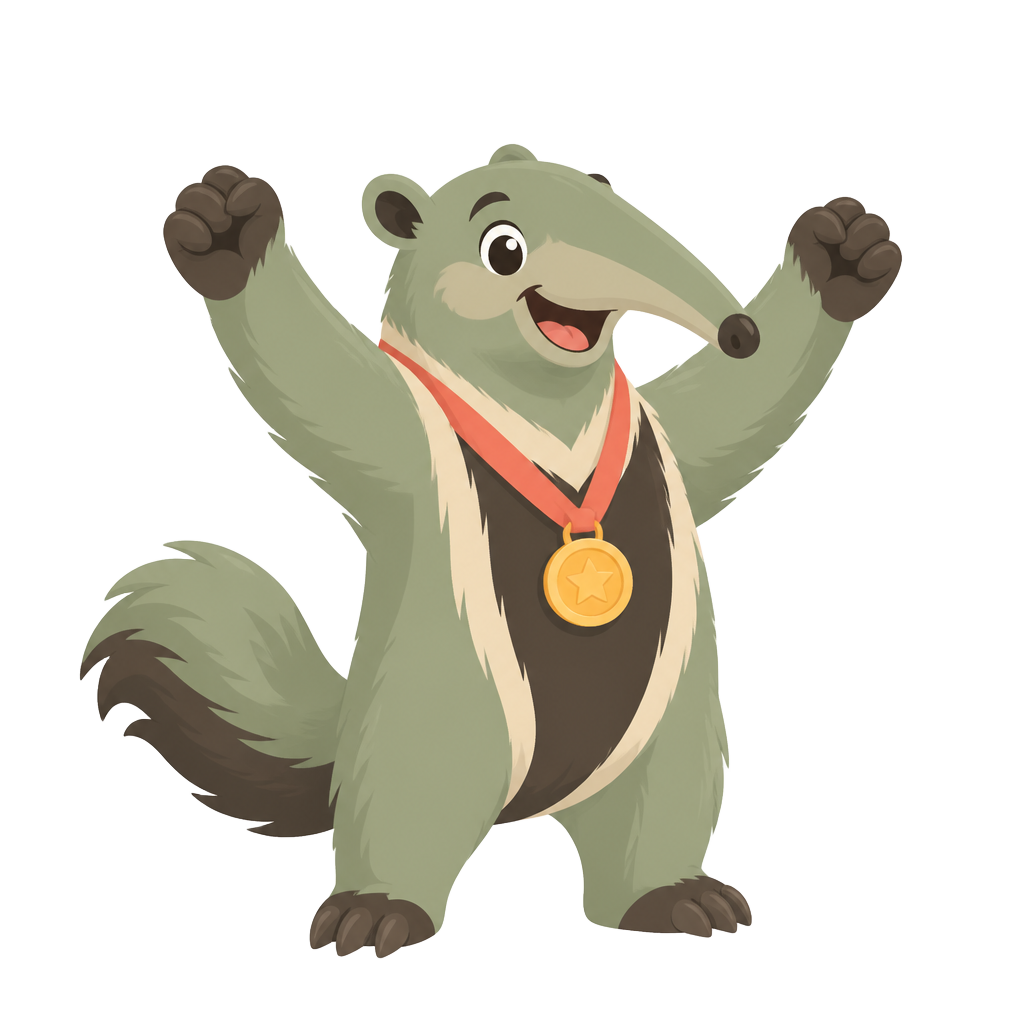 Anteater mascot celebrating with a gold medal and confetti