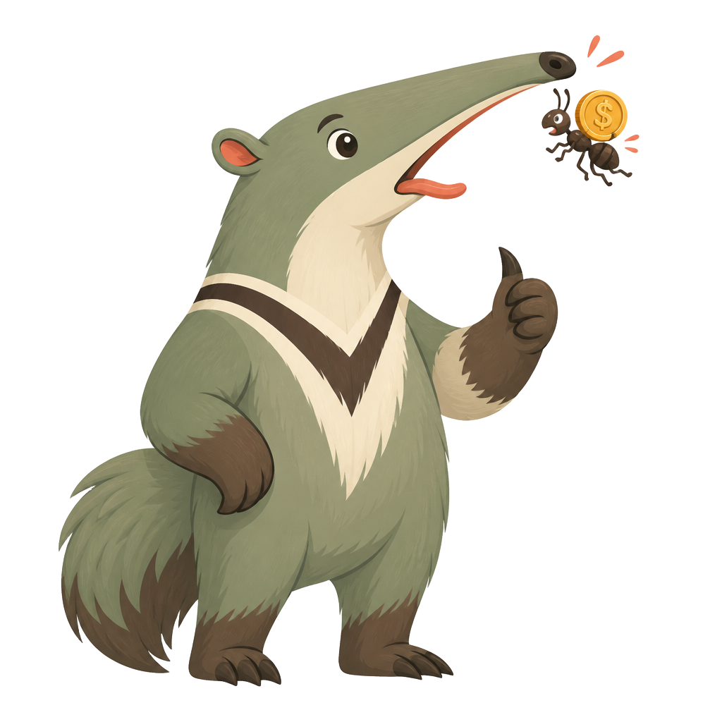 Friendly anteater mascot snapping up a cartoon ant carrying a dollar coin